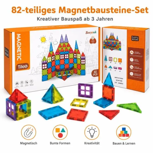 Magnetbausteine Set 82-teilig für Kinder ab 3 Jahren – Magnetische Bauklötze