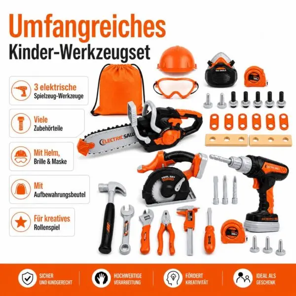 Großes Kinder-Werkzeugset ab 3 Jahren, großes Spielzeug-Werkzeugset mit elektrischer Kettensäge, Bohrmaschine & Kreissäge