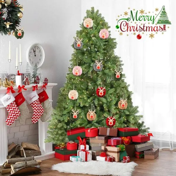 12er Set Weihnachtsanhänger Rentier – bunte Christbaumanhänger Deko aus Plüsch & Holz