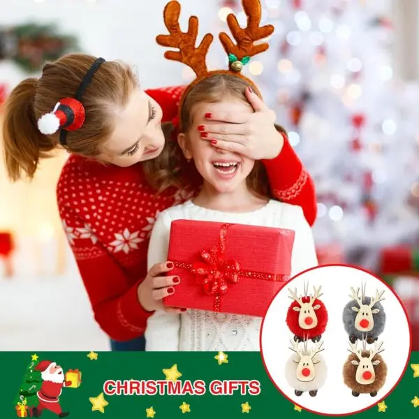 12er Set Weihnachtsanhänger Rentier – bunte Christbaumanhänger Deko aus Plüsch & Holz