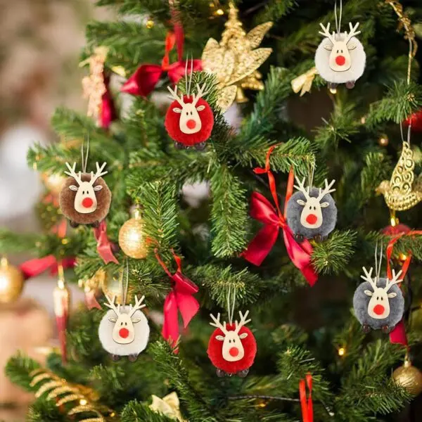12er Set Weihnachtsanhänger Rentier – bunte Christbaumanhänger Deko aus Plüsch & Holz