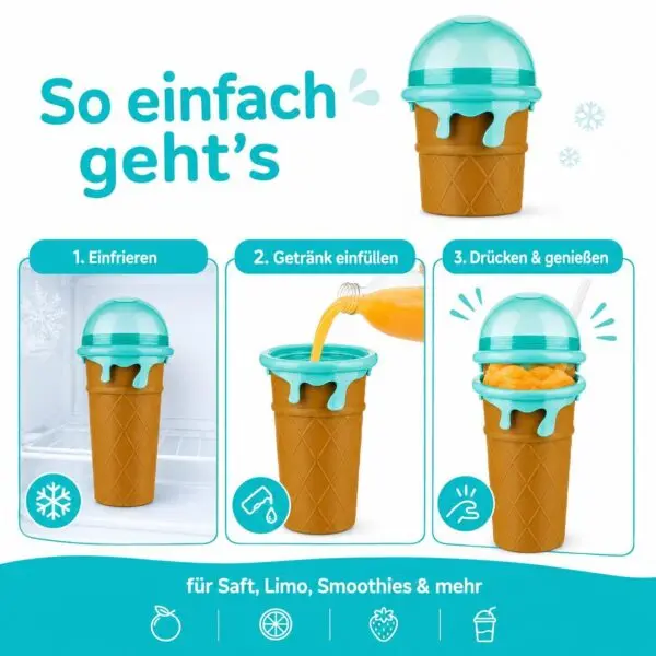 Slushy Becher 500 ml im Eiswaffel-Design – Frozen Squeeze Cup mit Löffel-Strohhalm für Slush-Eis, Saft & Cola