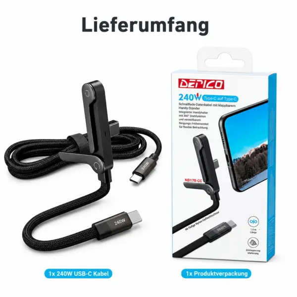 240W USB-C Schnellladekabel mit integriertem Handyhalter – 1,5 m