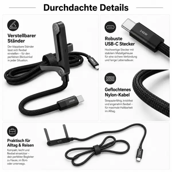 240W USB-C Schnellladekabel mit integriertem Handyhalter – 1,5 m