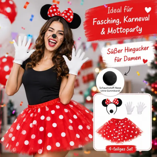4-teiliges Maus-Kostüm Set Damen XS/S – roter Tüllrock mit weißen Punkten, Haarreif mit Ohren, Handschuhe & Schaumstoffnase Party, Fasching, Karneval