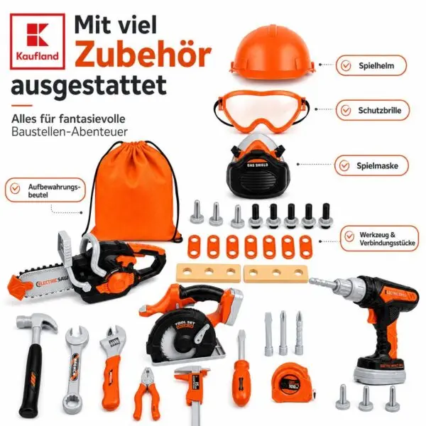 Großes Kinder-Werkzeugset ab 3 Jahren, großes Spielzeug-Werkzeugset mit elektrischer Kettensäge, Bohrmaschine & Kreissäge
