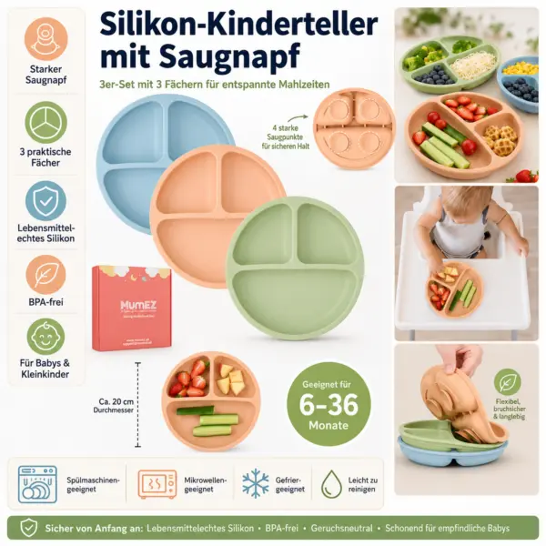3er-Set Silikon-Teller mit Saugnapf