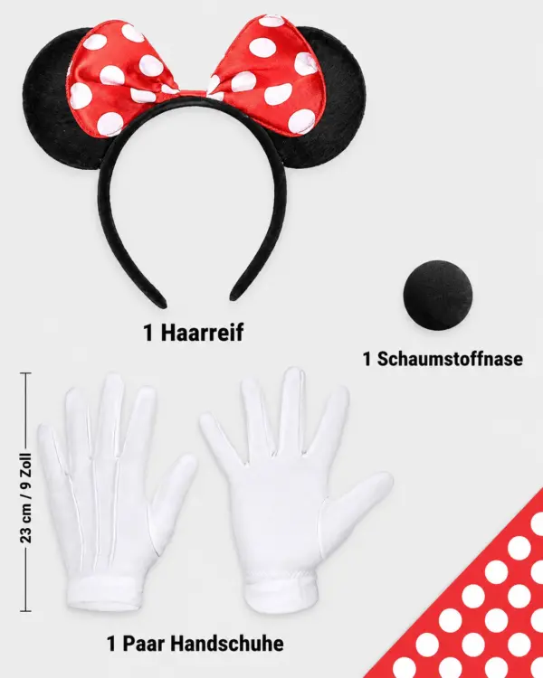 4-teiliges Maus-Kostüm Set Damen XS/S – roter Tüllrock mit weißen Punkten, Haarreif mit Ohren, Handschuhe & Schaumstoffnase Party, Fasching, Karneval