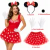 4-teiliges Maus-Kostüm Set Damen XS/S – roter Tüllrock mit weißen Punkten, Haarreif mit Ohren, Handschuhe & Schaumstoffnase Party, Fasching, Karneval