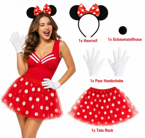 4-teiliges Maus-Kostüm Set Damen XS/S – roter Tüllrock mit weißen Punkten, Haarreif mit Ohren, Handschuhe & Schaumstoffnase Party, Fasching, Karneval
