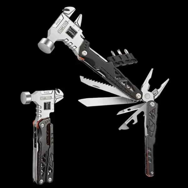 Multitool mit Hammer, Zange & Schraubendreher-Bits – Kompaktes 17-cm-Multifunktionswerkzeug mit Tasche, schwarz