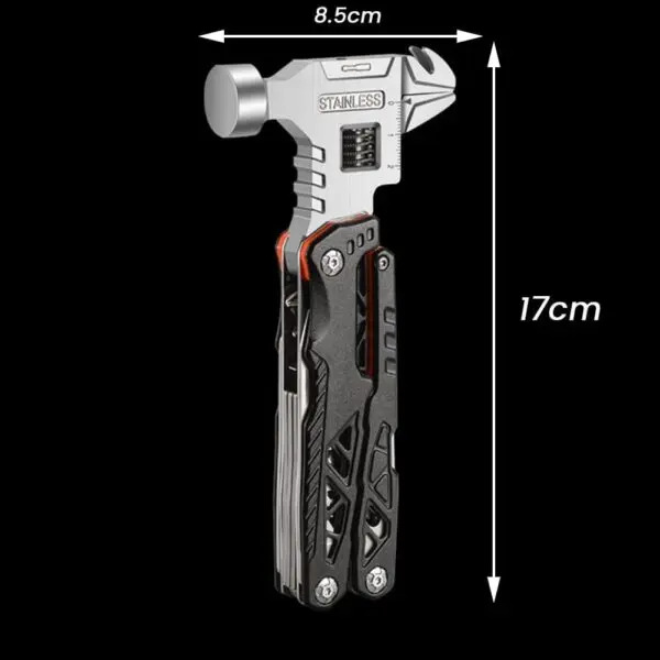 Multitool mit Hammer, Zange & Schraubendreher-Bits – Kompaktes 17-cm-Multifunktionswerkzeug mit Tasche, schwarz