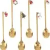 6-teiliges Goldenes Weihnachtslöffel-Set – Kaffeelöffel mit Weihnachtsanhängern aus Edelstahl (13,5 cm)