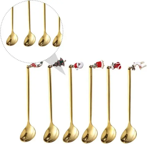 6-teiliges Goldenes Weihnachtslöffel-Set – Kaffeelöffel mit Weihnachtsanhängern aus Edelstahl (13,5 cm)