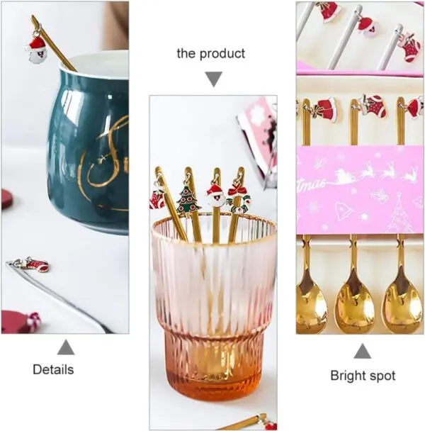 6-teiliges goldenes Weihnachtslöffel-Set – Kaffeelöffel mit Weihnachtsanhängern aus Edelstahl (13,5 cm)