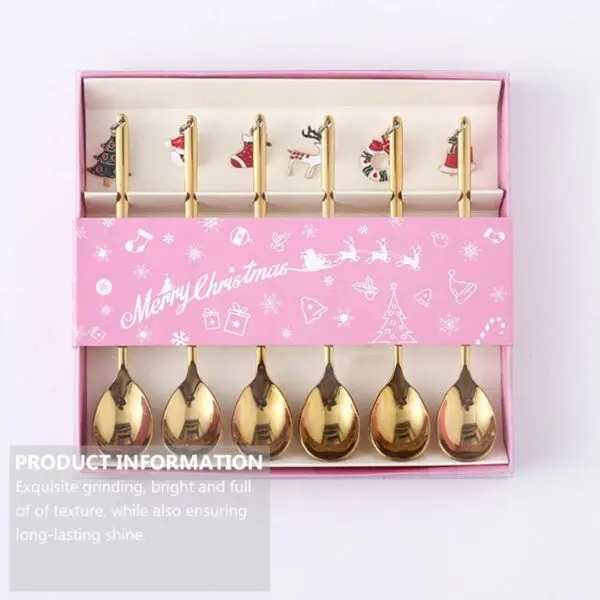 6-teiliges goldenes Weihnachtslöffel-Set – Kaffeelöffel mit Weihnachtsanhängern aus Edelstahl (13,5 cm)