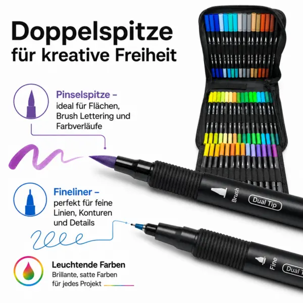 60 Farben Dual Brush Pens – Doppelspitzen-Stifte im praktischen Etui