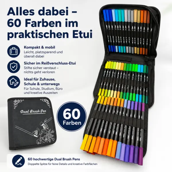 60 Farben Dual Brush Pens – Doppelspitzen-Stifte im praktischen Etui