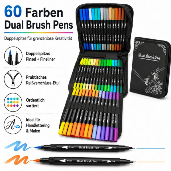 60 Farben Dual Brush Pens – Doppelspitzen-Stifte im praktischen Etui