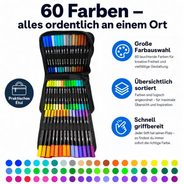 60 Farben Dual Brush Pens – Doppelspitzen-Stifte im praktischen Etui
