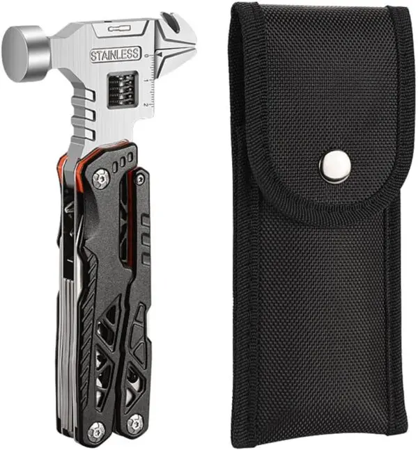 Multitool mit Hammer, Zange & Schraubendreher-Bits – Kompaktes 17-cm-Multifunktionswerkzeug mit Tasche, schwarz