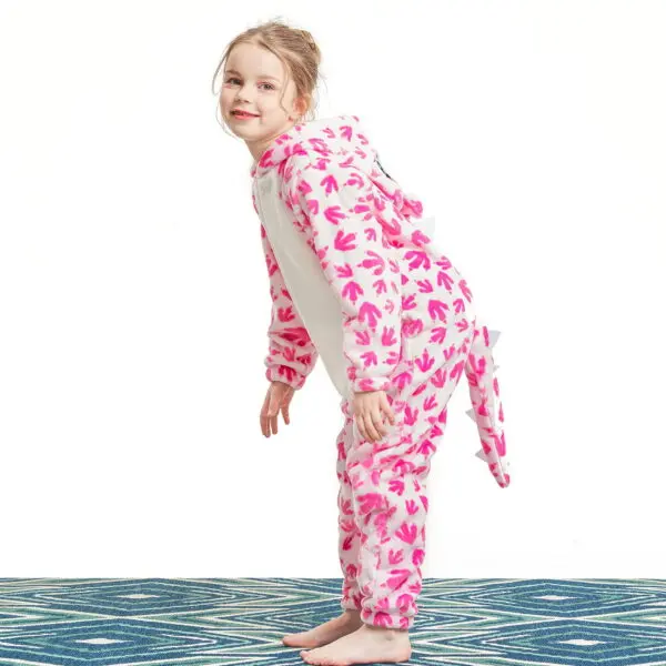 Rosa Dinosaurier Schlafanzug für Mädchen 4–6 Jahre (Größe 120 cm) – Kuscheliger Einteiler mit Kapuze, Schwanz & Dino-Gesicht, Ideal als Pyjama