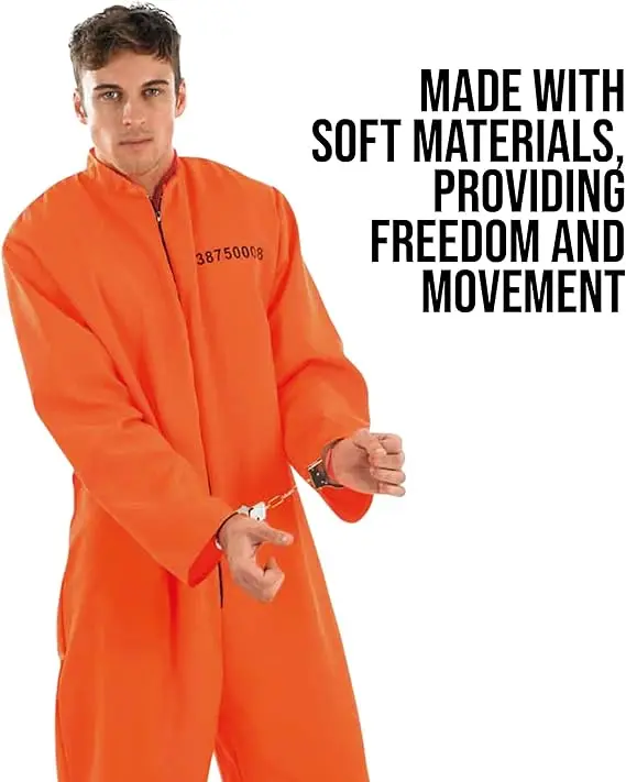 Gefangenen Kostüm Herren M – Orange Jumpsuit mit Handschellen – Männer Sträflings Kostüm Karneval, Halloween, Motto Party