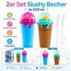 Slushy Becher 2er Set – 2 × 500 ml im Eiswaffel-Design, Frozen Squeeze Cups mit Löffel-Strohhalmen für Slush-Eis, Saft & Cola
