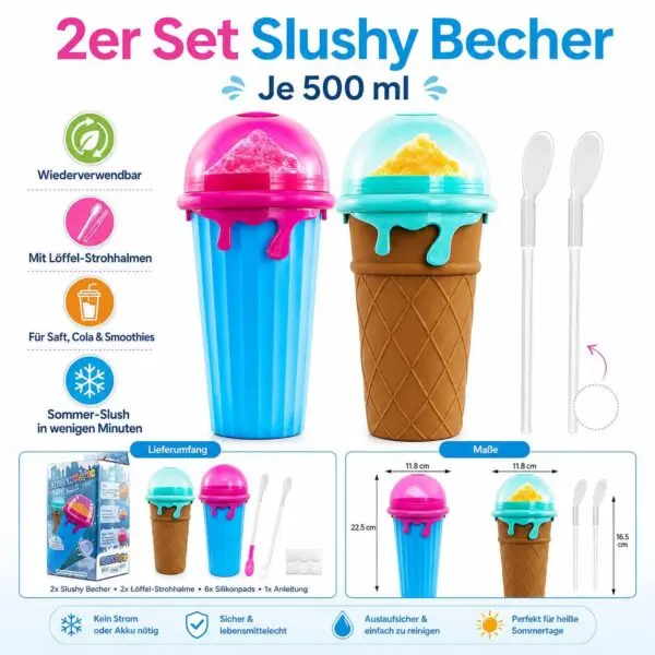 Slushy Becher 2er Set – 2 × 500 ml im Eiswaffel-Design, Frozen Squeeze Cups mit Löffel-Strohhalmen für Slush-Eis, Saft & Cola