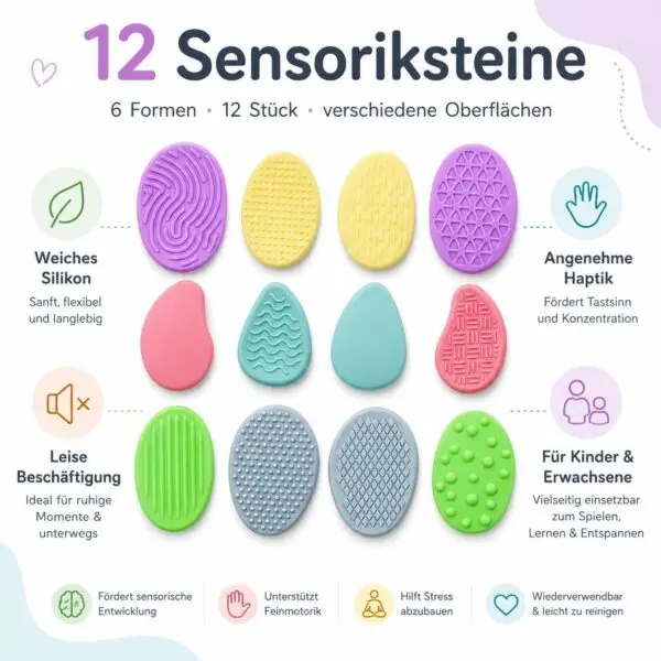Sensoriksteine Fidget Toys Set – 12 Stück Anti-Stress Sensory Stones aus Silikon