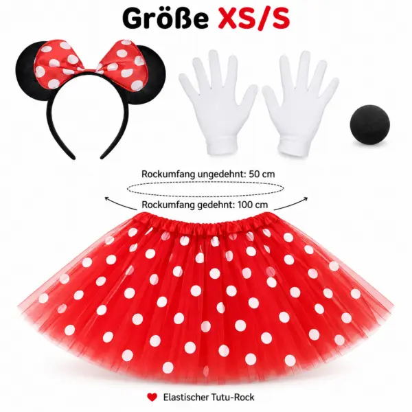 4-teiliges Maus-Kostüm Set Damen XS/S – roter Tüllrock mit weißen Punkten, Haarreif mit Ohren, Handschuhe & Schaumstoffnase Party, Fasching, Karneval