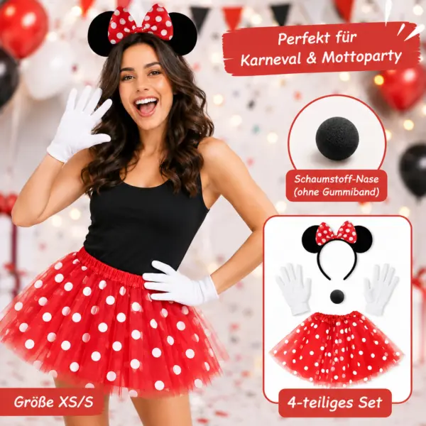 4-teiliges Maus-Kostüm Set Damen XS/S – roter Tüllrock mit weißen Punkten, Haarreif mit Ohren, Handschuhe & Schaumstoffnase Party, Fasching, Karneval