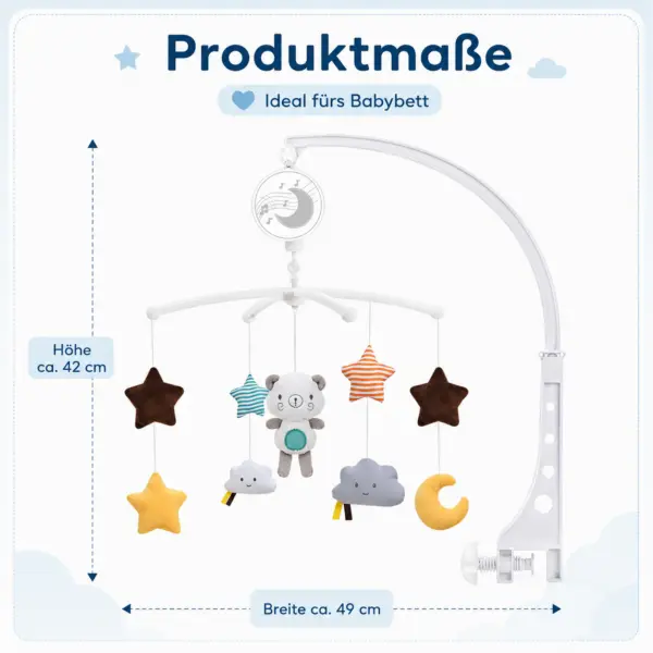 Baby Mobile mit Spieluhr fürs Kinderbett – Teddy, Sterne & Mond, beruhigende Melodie für Neugeborene