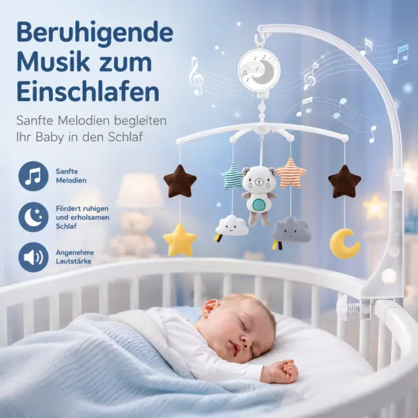 Baby Mobile mit Spieluhr fürs Kinderbett – Teddy, Sterne & Mond, beruhigende Melodie für Neugeborene