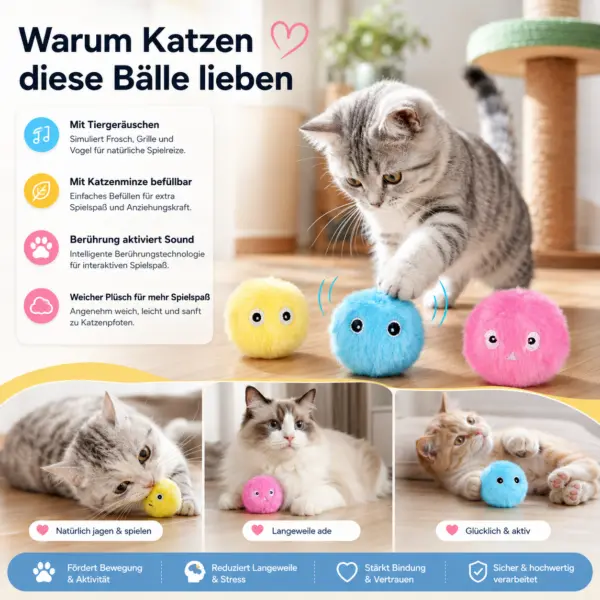 Bälle für die Katze Interaktive Katzenbälle mit Tiergeräuschen – 3er Set