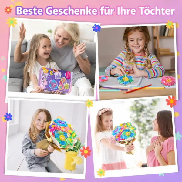 Bastelset Kinder Blumenstrauß DIY – Kreativset mit 8 Blumen, 2 Schmetterlingen, Holzstäben, Stoffpapier & Lichterkette – Geschenkidee