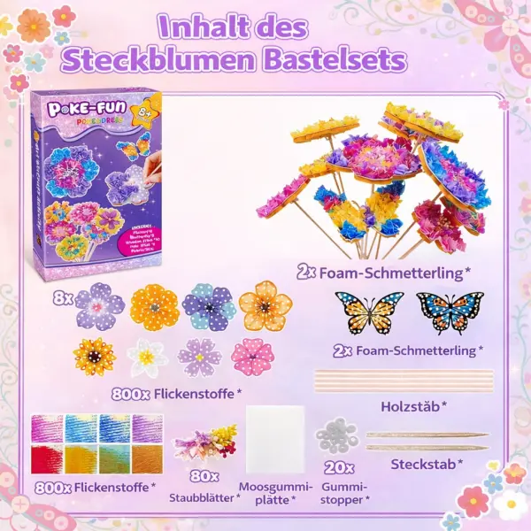 Bastelset Kinder Blumenstrauß DIY – Kreativset mit 8 Blumen, 2 Schmetterlingen, Holzstäben, Stoffpapier & Lichterkette – Geschenkidee