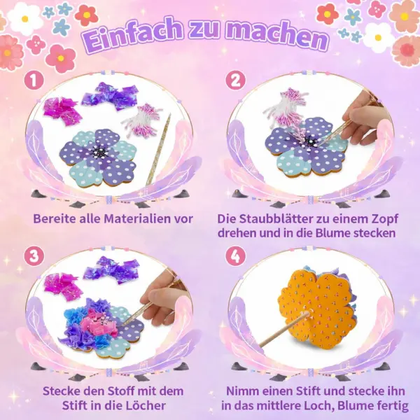 Bastelset Kinder Blumenstrauß DIY – Kreativset mit 8 Blumen, 2 Schmetterlingen, Holzstäben, Stoffpapier & Lichterkette – Geschenkidee