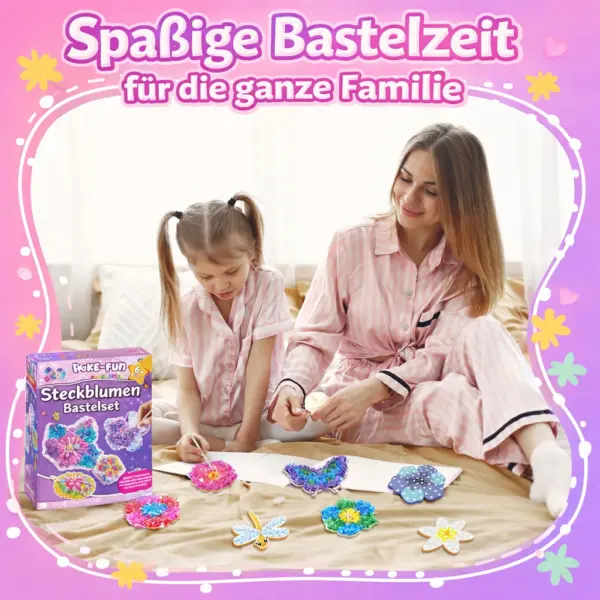 Bastelset Kinder Blumenstrauß DIY – Kreativset mit 8 Blumen, 2 Schmetterlingen, Holzstäben, Stoffpapier & Lichterkette – Geschenkidee