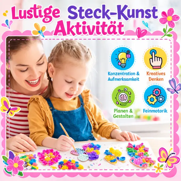 Bastelset Kinder Blumenstrauß DIY – Kreativset mit 8 Blumen, 2 Schmetterlingen, Holzstäben, Stoffpapier & Lichterkette – Geschenkidee