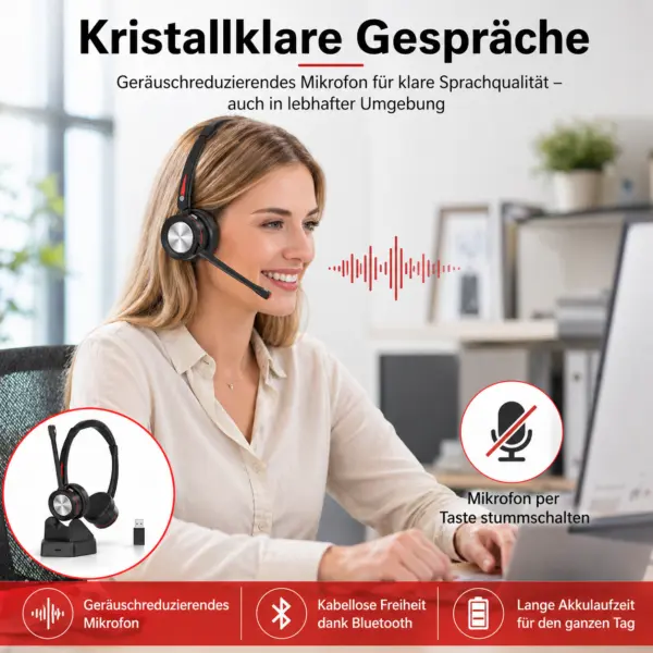 Bluetooth Headset mit Mikrofon & Ladestation, kabelloses Büro Headset mit USB Dongle, Bluetooth 5.2, bis zu 40 Std. Akkulaufzeit