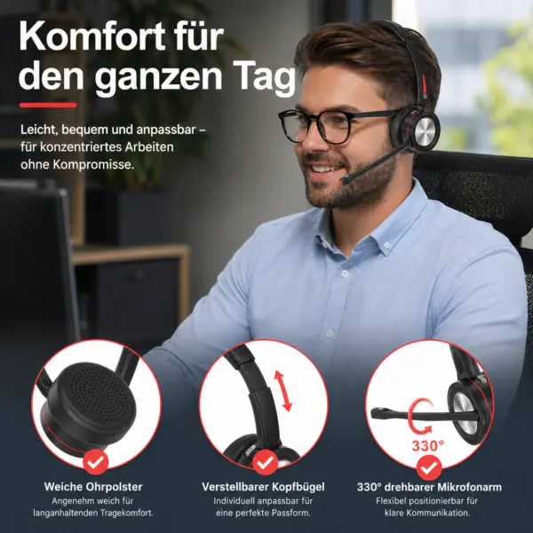 Bluetooth Headset mit Mikrofon & Ladestation, kabelloses Büro Headset mit USB Dongle, Bluetooth 5.2, bis zu 40 Std. Akkulaufzeit