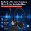 Bluetooth Headset mit Mikrofon & Ladestation, kabelloses Büro Headset mit USB Dongle, Bluetooth 5.2, bis zu 40 Std. Akkulaufzeit