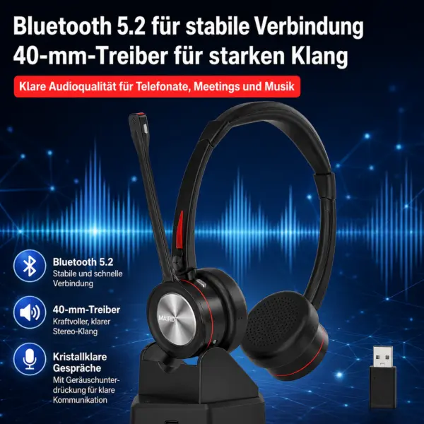 Bluetooth Headset mit Mikrofon & Ladestation, kabelloses Büro Headset mit USB Dongle, Bluetooth 5.2, bis zu 40 Std. Akkulaufzeit