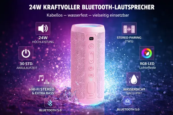 Bluetooth-Lautsprecher 24W mit LED-Lichteffekt – IPX7 wasserdicht – 30 Std. Akkulaufzeit