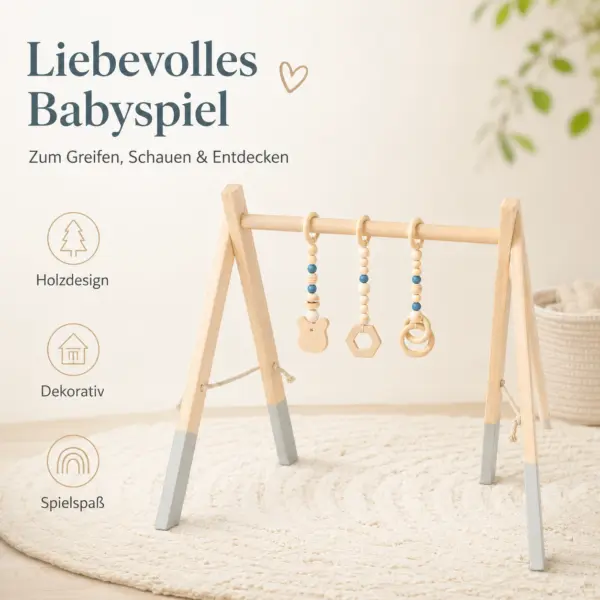 Holz-Spielbogen für Babys – 62 × 57 cm – mit 3 liebevoll gestalteten Anhängern