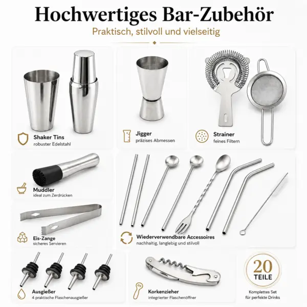 20-teiliges Cocktail Shaker Set – deine eigene Bar für zu Hause