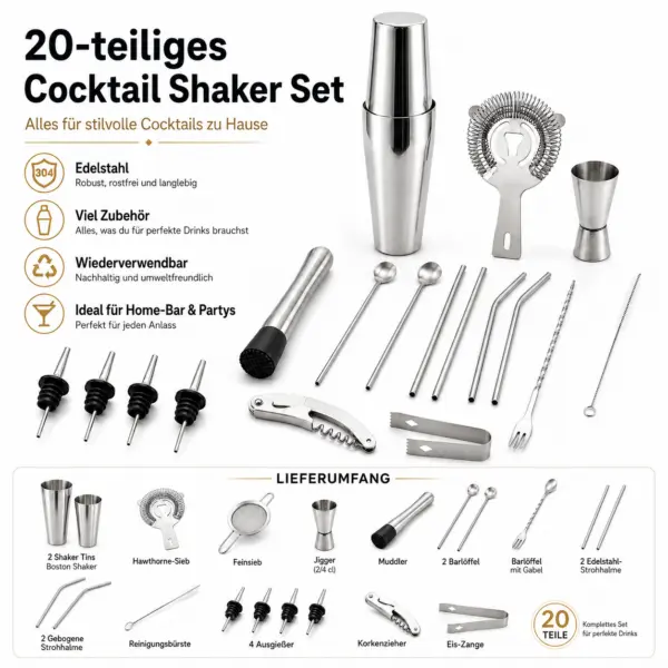 20-teiliges Cocktail Shaker Set – deine eigene Bar für zu Hause