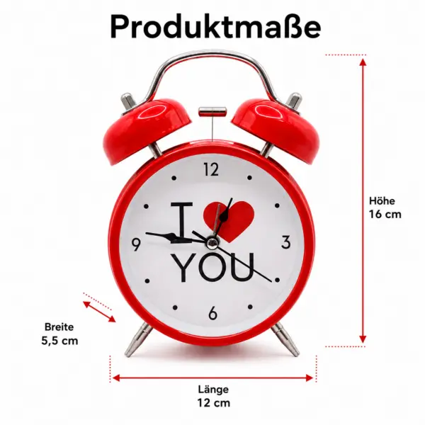 Roter Retro-Wecker „I Love You“ – analoger Doppelglocken-Wecker, Geschenkidee, Deko-Wecker, 16 cm