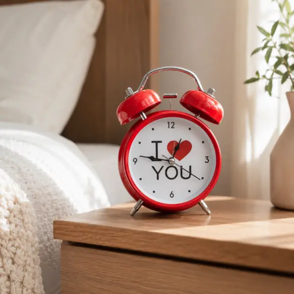 Roter Retro-Wecker „I Love You“ – analoger Doppelglocken-Wecker, Geschenkidee, Deko-Wecker, 16 cm